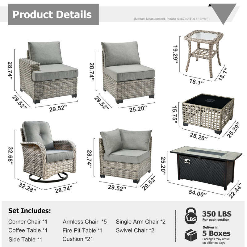 10 - Person Patio Furniture Set with Swivel Rockers, Outdoor Wicker Rattan Sectional Seating Group with Cushions, All Weather Sofa Conversation Set with Fire Pit Table for Garden Backyard