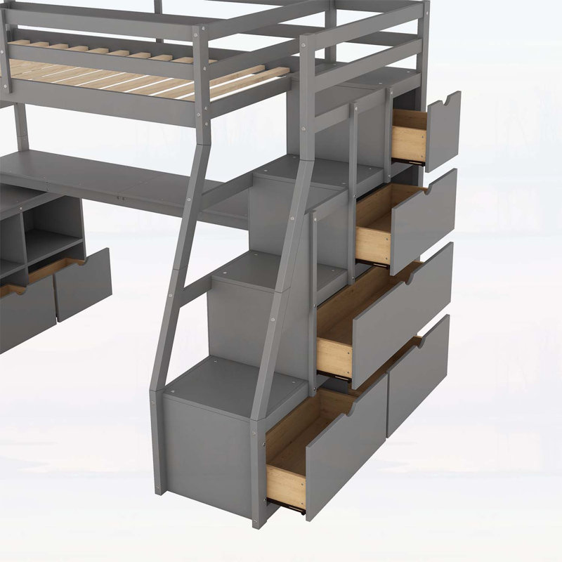 Lit mezzanine simple avec 7 tiroirs, 2 tablettes et bureau gris pour une utilisation compacte et multifonctionnelle, Gris