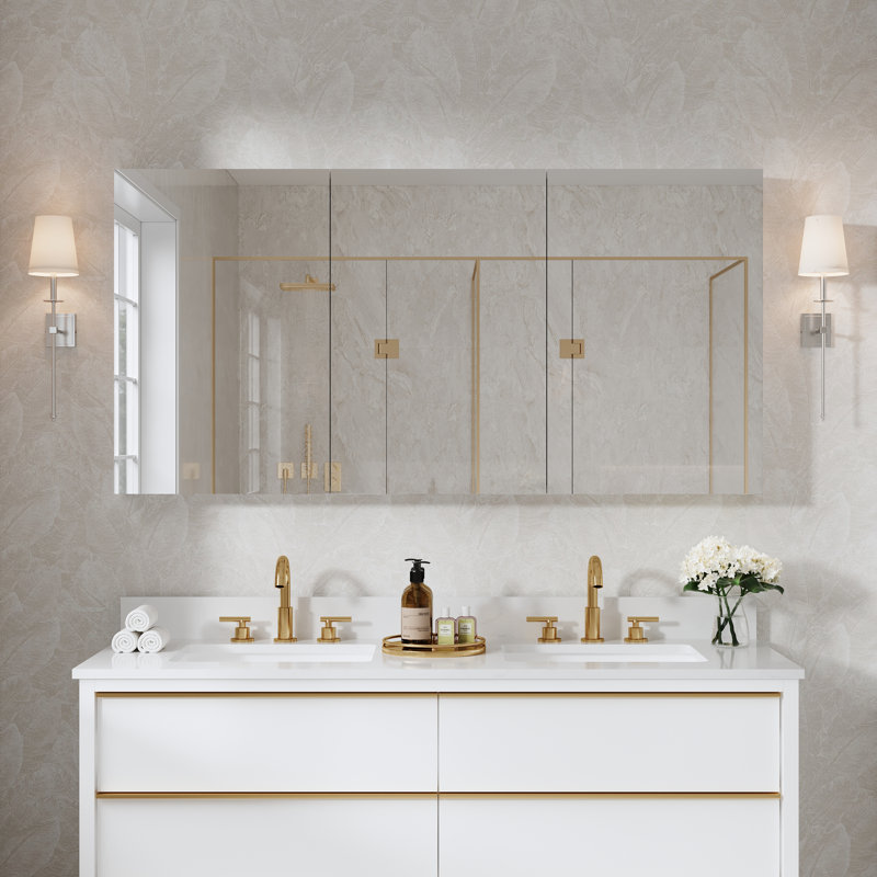 Recessed Or Surface Wall Mount Bathroom Medicine Cabinet With Adjustable Glass Shelves, 30" H x 60" W x 4.8" D, Triple