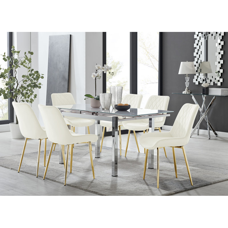 Tierra Modern Glass & Metal Extendable Dining Table Set & 6 Luxury Upholstered Velvet Dining Chairs, Cream/Gold