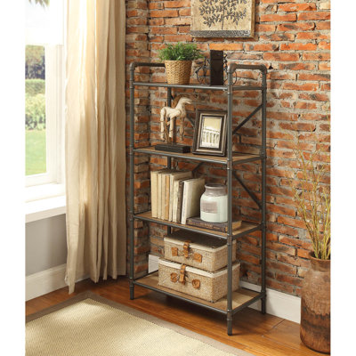 Chêne antique et tablette gris sable - 4 tablettes rectangulaires avec rangement en métal et bois composite