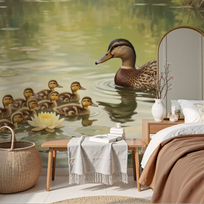 Papier peint adhésif pelez et collez «Ducklings Mother Ducklings», décorations murales en étain serein, H 69 po x l 96 po, papier mural amovible en PVC, adhésif pour chambre, salon, bureau à domicile