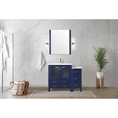 42 po Meuble-lavabo W bleu marine pour salle de bain avec armoire de rangement latérale, robinet, comptoir en céramique blanche et miroir mural décoratif pleine longueur 28 po, qualité Scratch