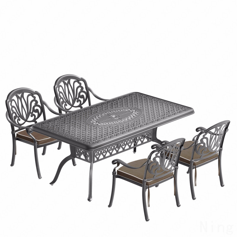 5-Piece Set Of Cast Aluminum Patio Furniture, With Black Frame And Brown Cushions