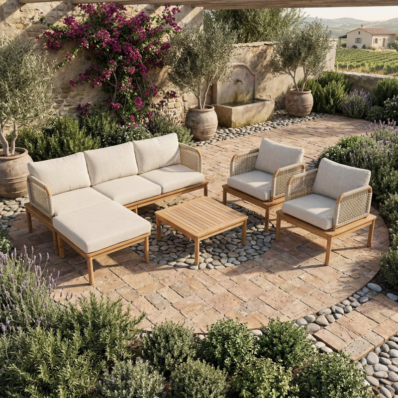 Un ensemble de canapé d'extérieur 5 pièces fabriqué en bois d'acacia et en corde.