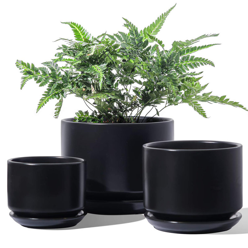 Ceramic Plant Pots with Drainage Hole and Sauce, Black