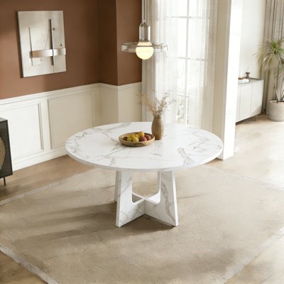 47 Inch Round Dining Table For 4, Mdf Construction With Faux Marble Finish, For Dining Room, Kitchen And Living Room, Marble White
