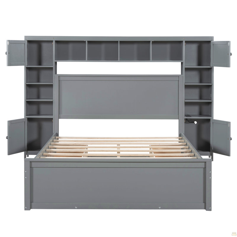 Queen Size Wooden Bed With All-In-One Cabinet, Shelf And Sockets, Gray, Gray