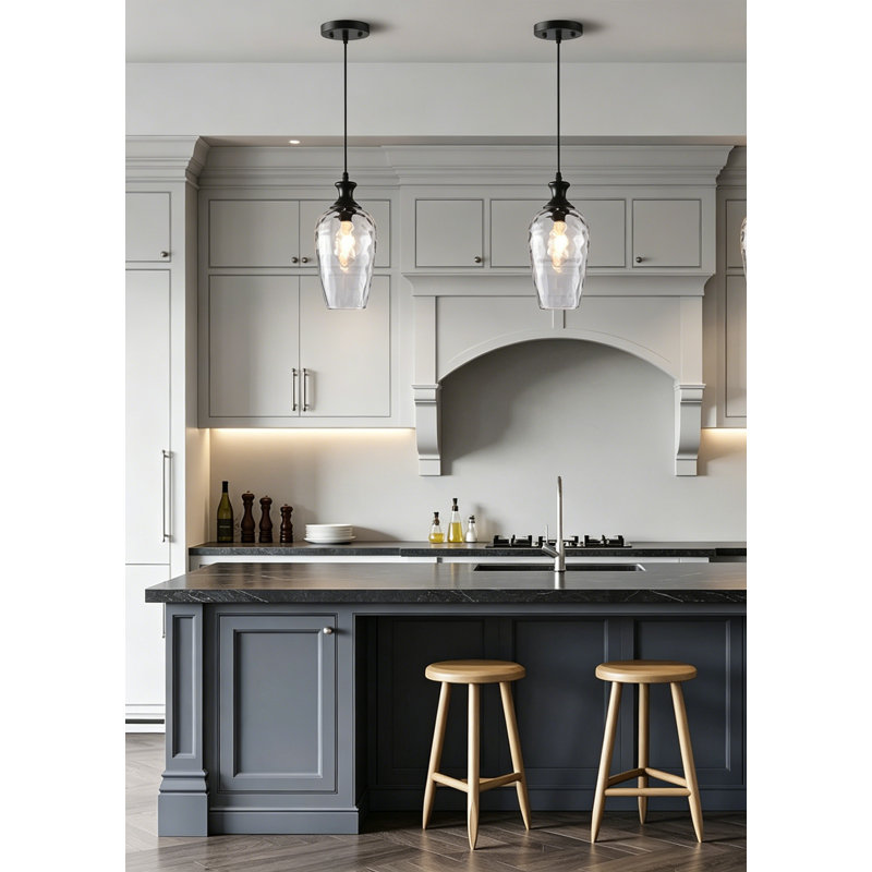 Luminaire suspendu en verre pour îlot de cuisine, luminaire noir 1 lumière avec verre transparent soufflé à la main