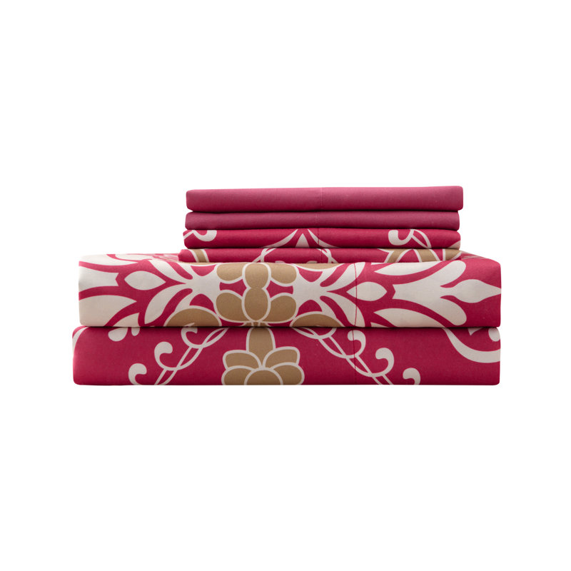 Hotel 5th Ave Bellagio Microfiber Geometric Sheet Set, King, Burgundy Damask