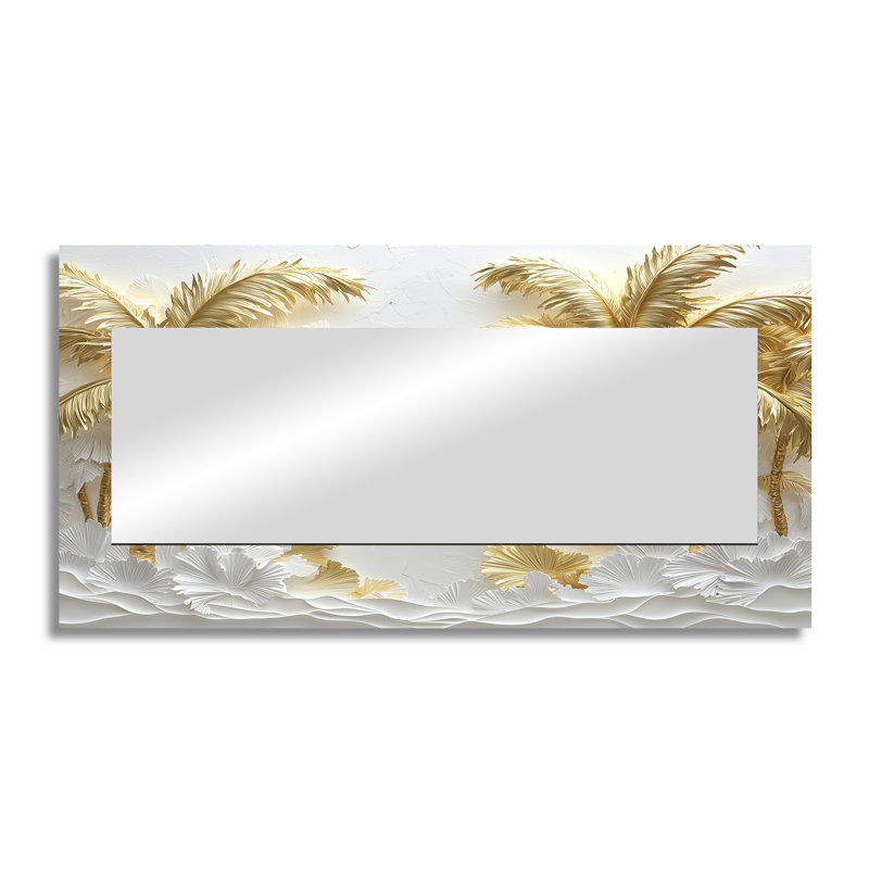 Golden Cream Palms On The Beach II - Traditional Mirror For Wall Art Decor - Printed On Metal, 28" x 55"
