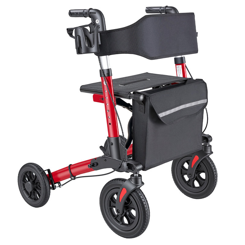 Déambulateur à roulettes avec siège pour personnes âgées, déambulateur 3 fois ultra compact, aide à la mobilité légère en aluminium avec roulettes en polyuréthane, poignée réglable, porte-gobelet et canne - peut supporter 300 lb