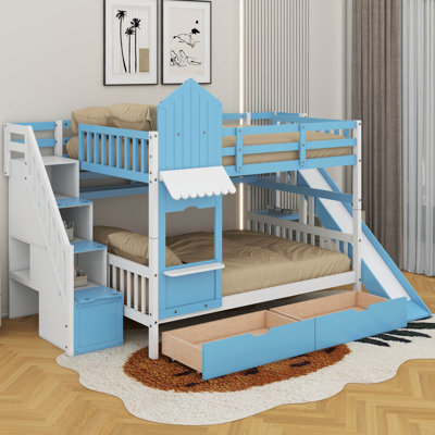 Full Over Full Bunk Bed With Drawers，Shelves And Slide