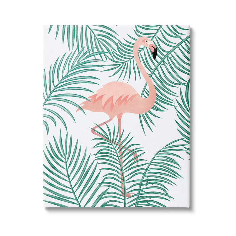 Flamant rose perché, feuilles de palmier tropicales, art mural sur toile par JJ Design House LLC, Toile tendue