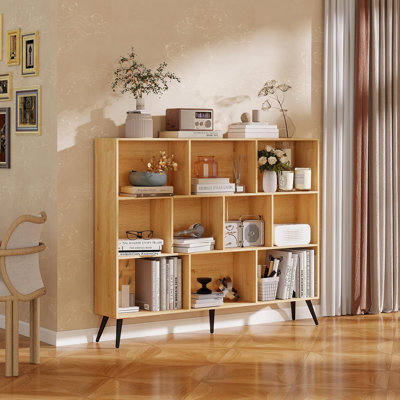 Bibliothèque à 10 cubes, bibliothèque moderne à 3 niveaux avec pieds, rangement en bois de style Mid-Century, grande bibliothèque naturelle, tablette de rangement autoportante pour chambre à coucher, salon, bureau