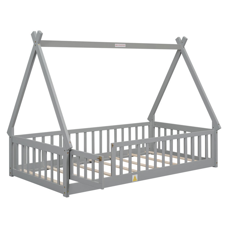 Lit simple en forme de tente avec garde-corps, porte et plateforme à lattes - Lit pour enfant en bois de pin, gris, Gris
