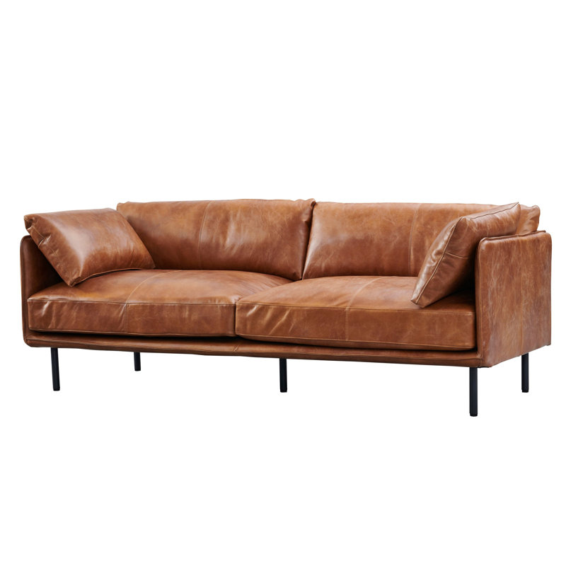 Canapé 84 po en cuir véritable avec accoudoirs style smoking, Cuir véritable brun clair