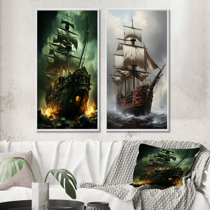 «Pirate Ghost Ship I», ensemble de 2 reproductions d'art sur toile, Cadre flottant blanc, H 32 po x l 33 po