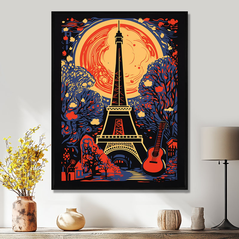 Illustration rétro de Paris, fleur des années 60 - City Paris, impression d'art mural, Cadre flottant noir, H 20 po x l 12 po