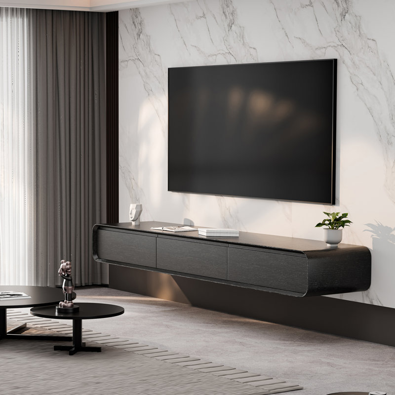 Modern Floating TV Stand Handcrafted Walnut TV Stand Deluxe Wall Mounted Media Control Center, Black