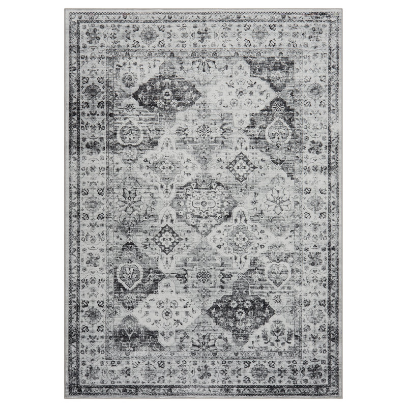Non-Slip Washable Door Mat Vintage Distressed Floral Accent Rug for Outdoor & Indoor Entryway Collapsible Thin Carpet, Gray