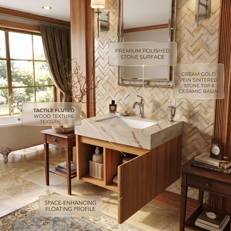 Meuble-lavabo flottant mural 24 po avec porte cannelée 3D, tablette ouverte, armoire en contreplaqué, plateau en pierre frittée crème et cuve en céramique (naturel)