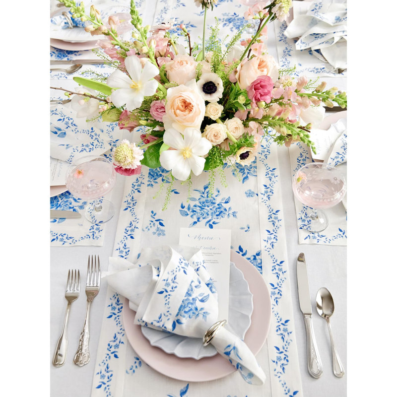 Jolie Fleur - 100% Pure Linen Table Runner, 60" x 14", Blue