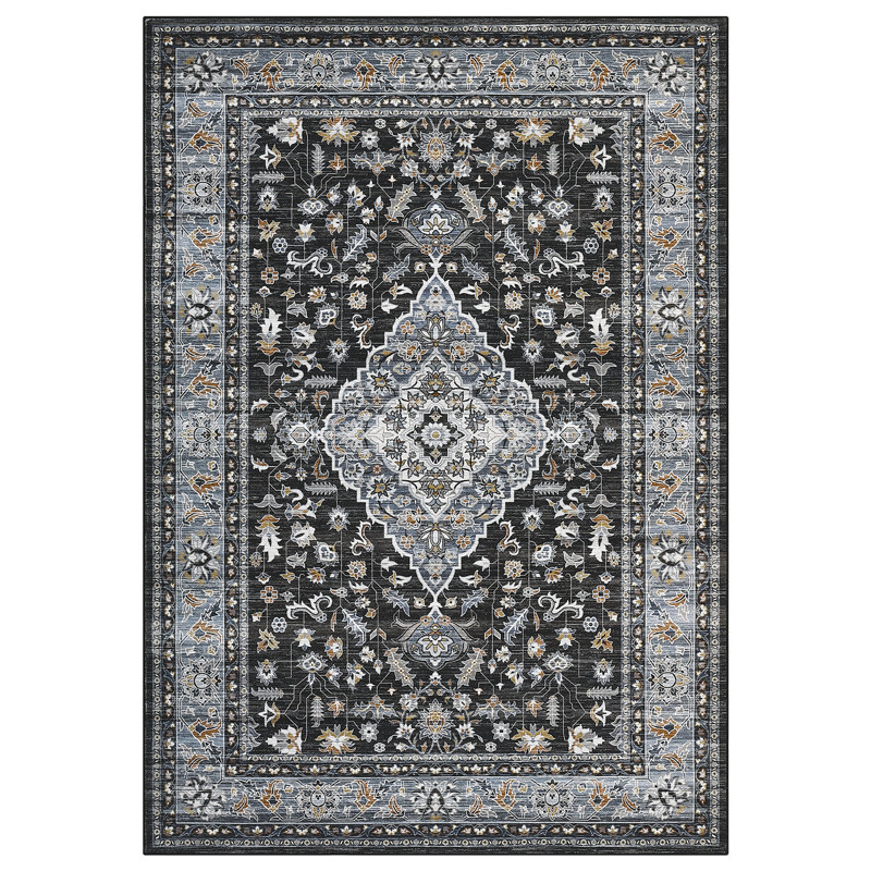 Tapis lavables rétro pour le salon et la chambre à coucher, Noir, Rectangle 10' x 13'