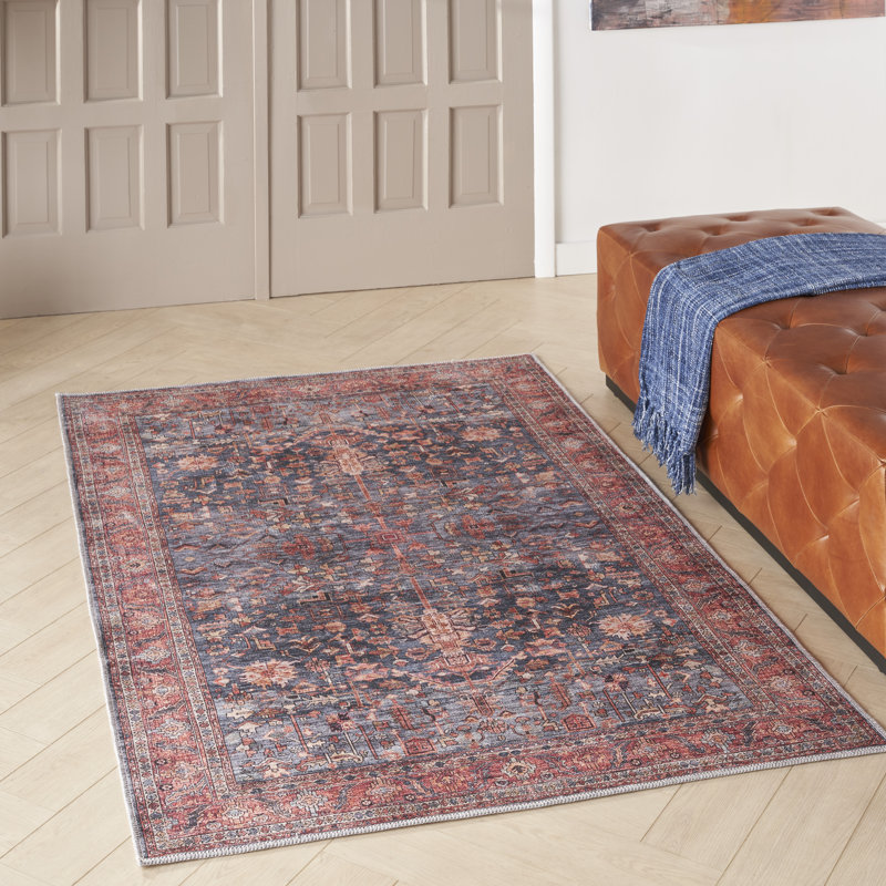 Lotte Oriental Machine Washable Flatweave Area Rug in Navy Blue/Brick Red, Rectangle 5'3" x 7'3"