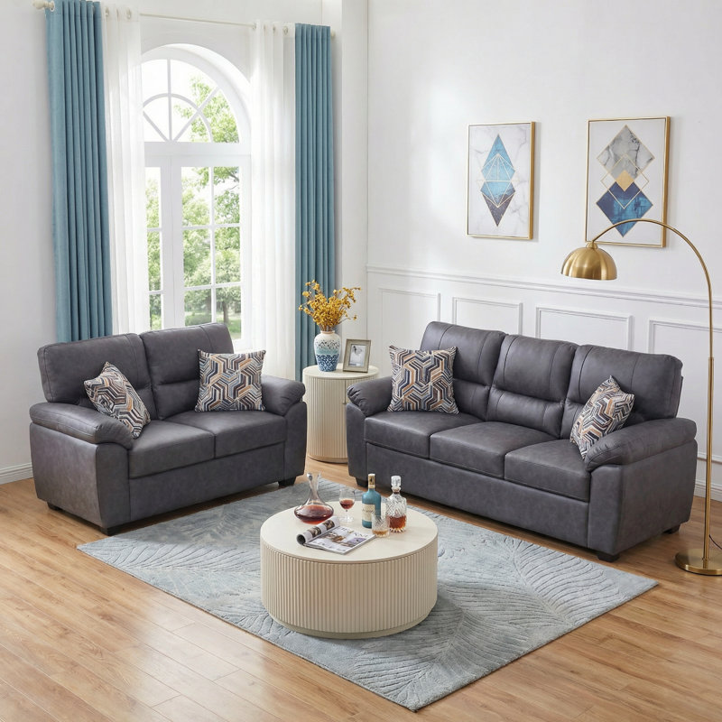 Leathaire Loveseat And Sofa Set With Accent Pillow, Gray