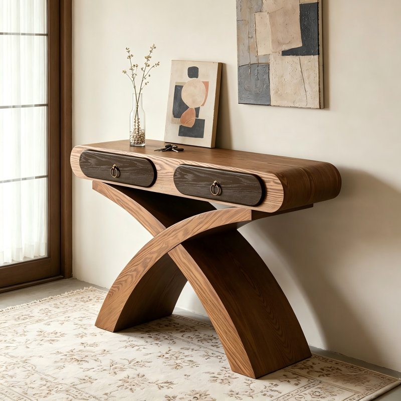 Console en placage de bois de frêne, table d'appoint géométrique à pieds croisés en X avec 2 tiroirs, support triangulaire stable, assemblage facile pour l'entrée du vestibule