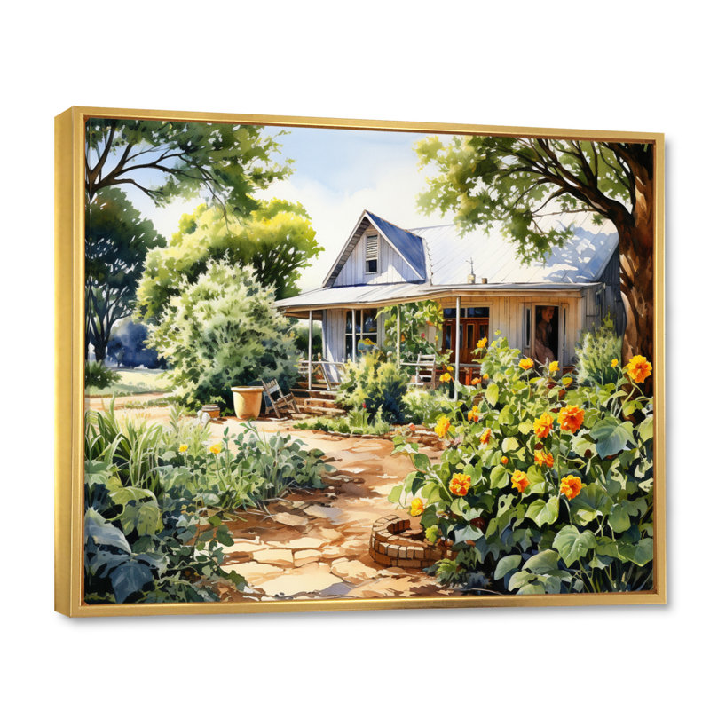 " Farmhouse Frontyard Oasis II ", Gold Floater Framed, 24" H x 32" W x 1" D