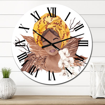 African American Woman, Dried Flowers, Leaves V - Glam Wall Clock