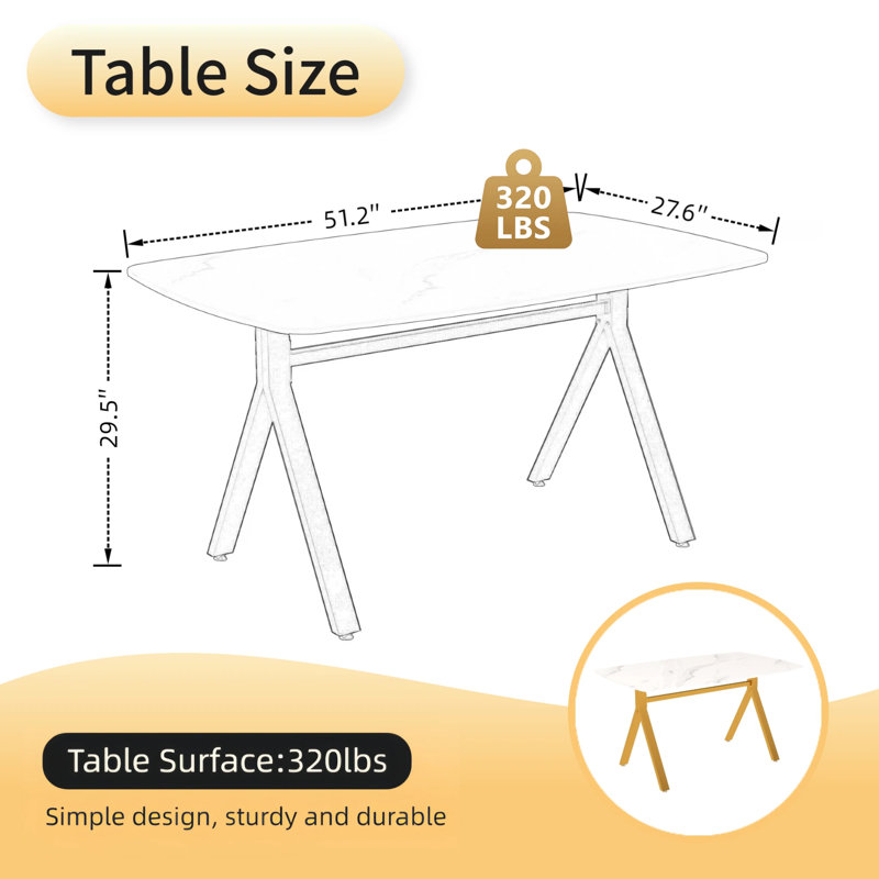 51'' Marble Design Tempered Glass Rectangular Dining Table with Metal Legs, Gold, Gold Legs