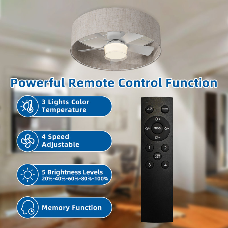 17.7 In. Indoor Socket Ceiling Fan Light With Remote, Led Light, 4 Fan Speeds, Dimmable, 3 Color Temperatures, With Linen Lampshade