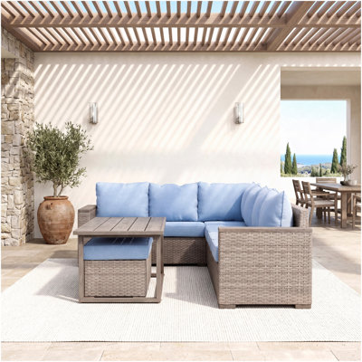 Elegant Outdoor Sectional Set Sofa Ottomans Table Convertible Premium Olefin Fabric Resin Wicker Patio Furniture Set