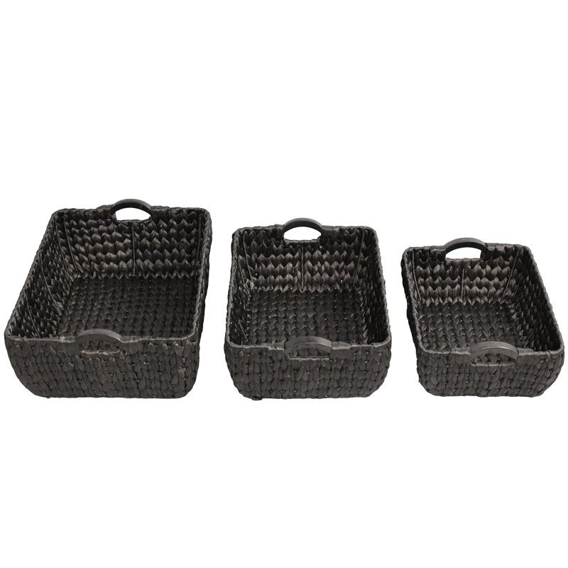 Astor Bohemian Farmhouse Handwoven Water Hyacinth Nesting Storage Baskets with Wood Handles (Set of 3), Black