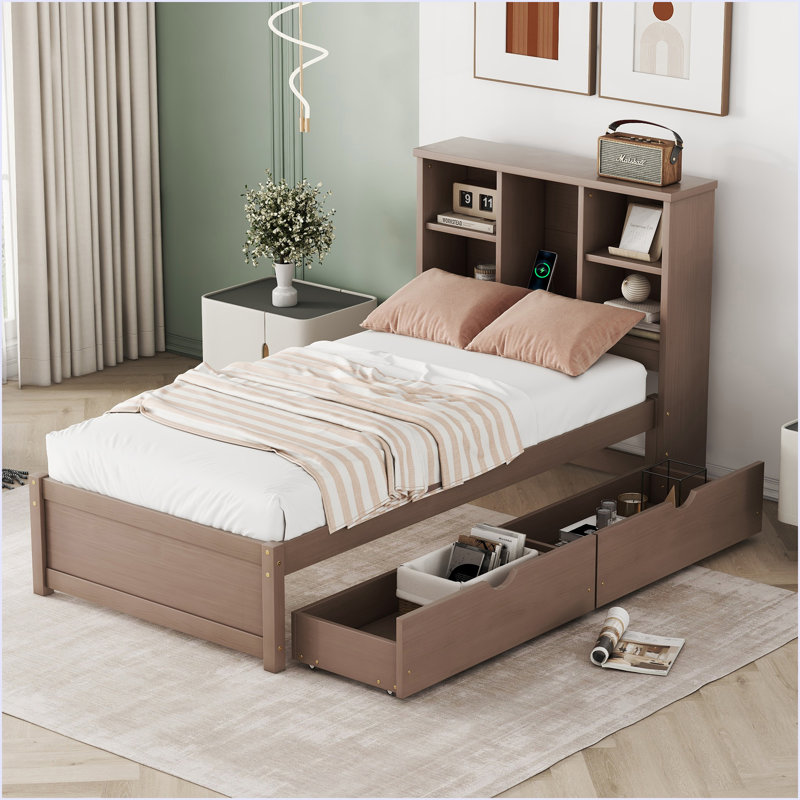 Modern Twin Size Bed Frame With Built-In USB Port On Bookcase Headboard And 2 Drawers, Walnut
