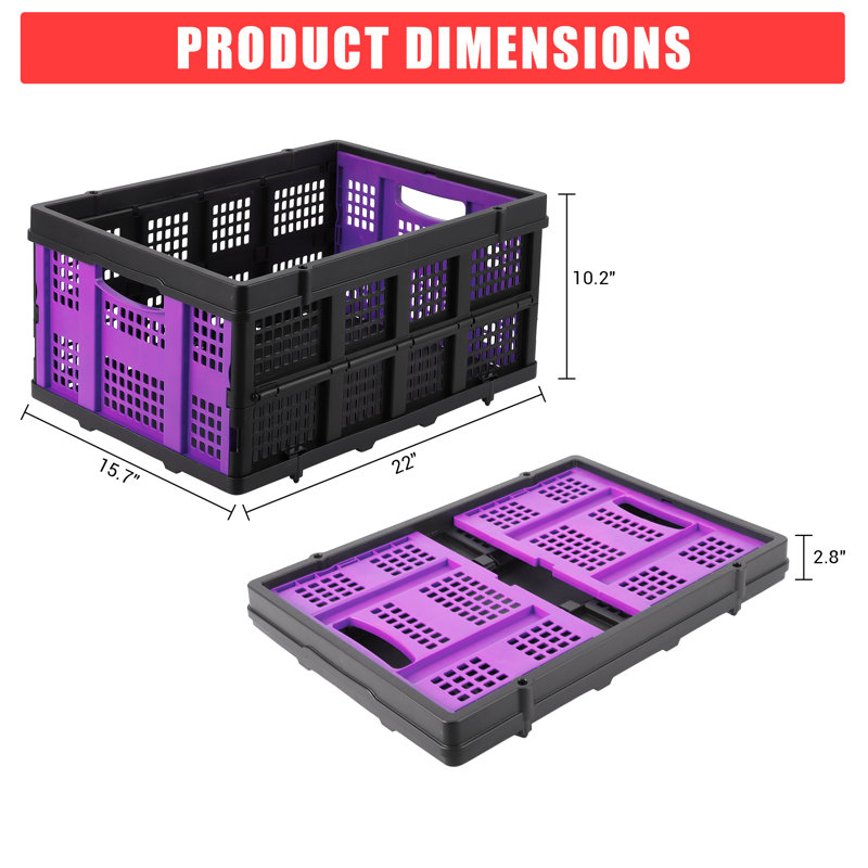 Panier en plastique pliable 55L avec poignées latérales pour la nourriture, les boissons, les livres, les outils,, Mauve