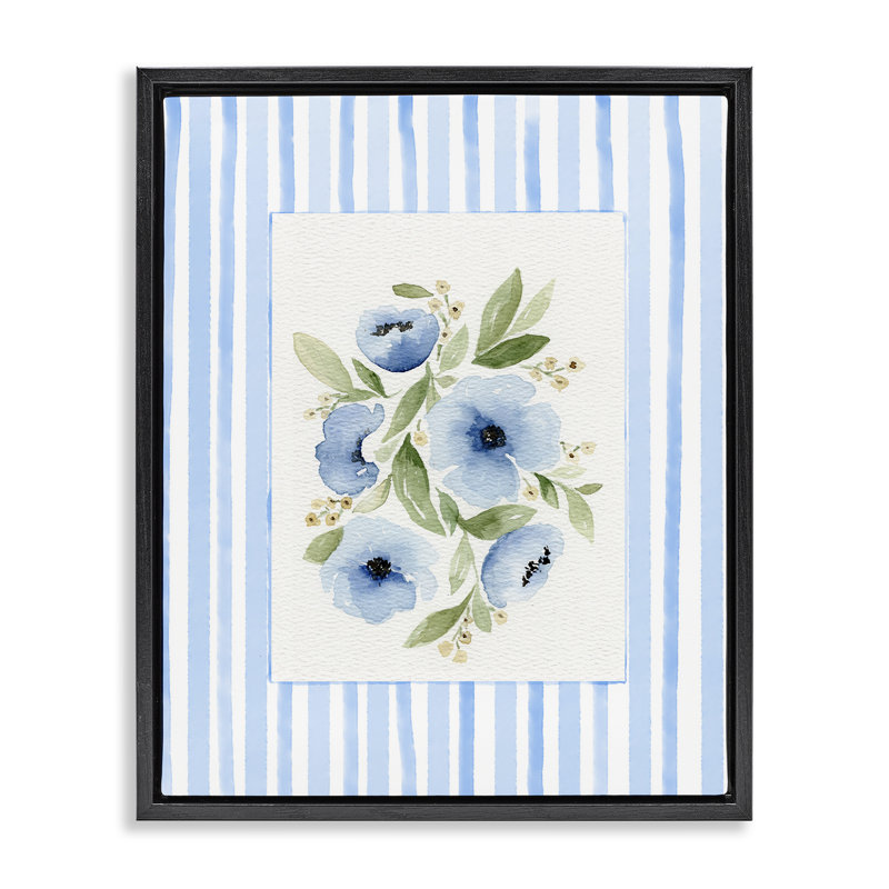 Fleurs avec cadre flottant à bordure rayée, design par Leah Noel Art, H 31 po x l 25 po, Cadre flottant noir de jais