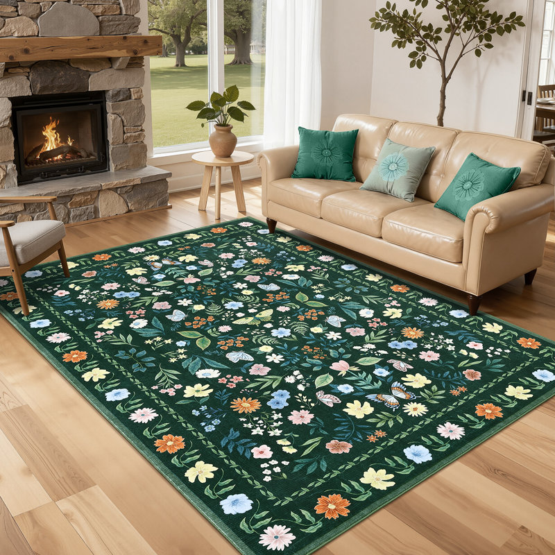 Washable Rugs for Living Room, Floral Animal Print Area Rug with Non Slip Backing, Low Pile & Stain Resistant Botanical Soft Accent Carpet for Dining Room, Under Table, Bedroom, Nursery