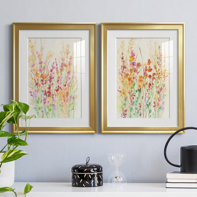 Brilliant Floral I - Vintage Botanical Print, Matted and Framed Under Acrylic Glass, Set of 2, Living Room and Dining Room Wall Art