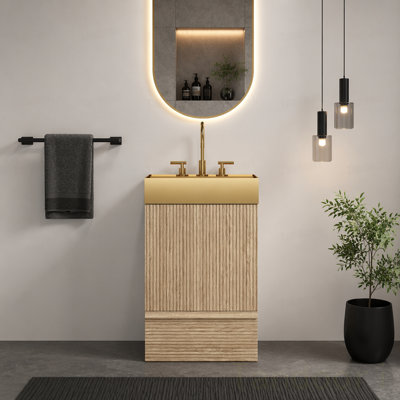 Striped Light  Bathroom Vanity with Integrated Brushed Gold Metal Vessel Bathroom Sink, Freestanding Bathroom Cabinet for Modern Bathroom, One-Piece Gold Metal Basin without Faucet