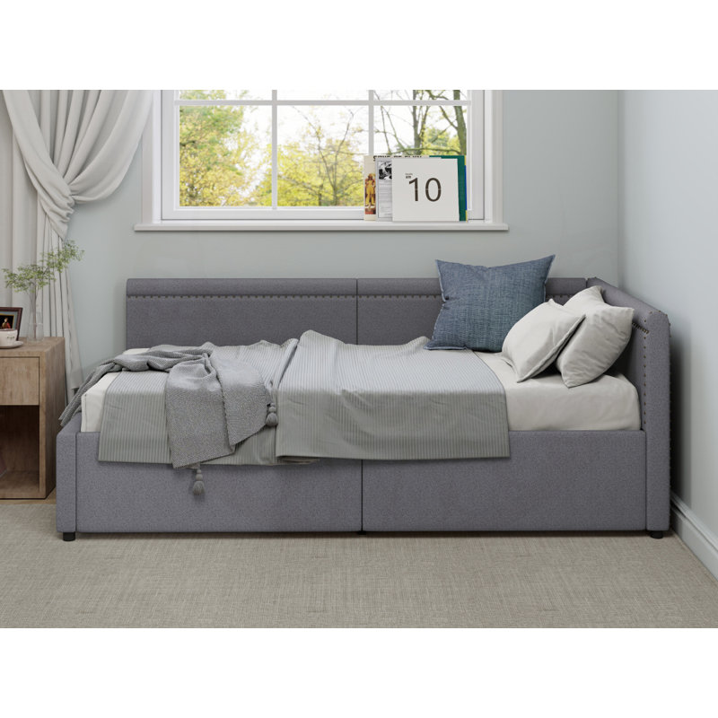 Lit de coin en L de style moderne avec lit simple en lin et deux tiroirs de rangement, Gris