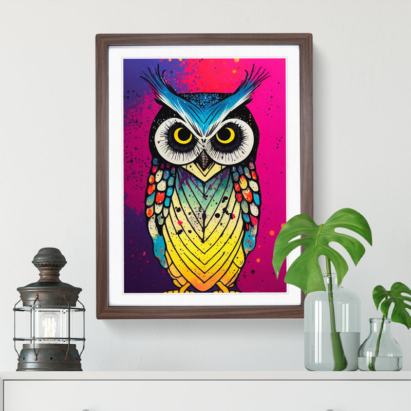 Owl Paint Splash No.5 - Framed Print, 64cm H x 46cm W x 2cm D, Walnut Framed