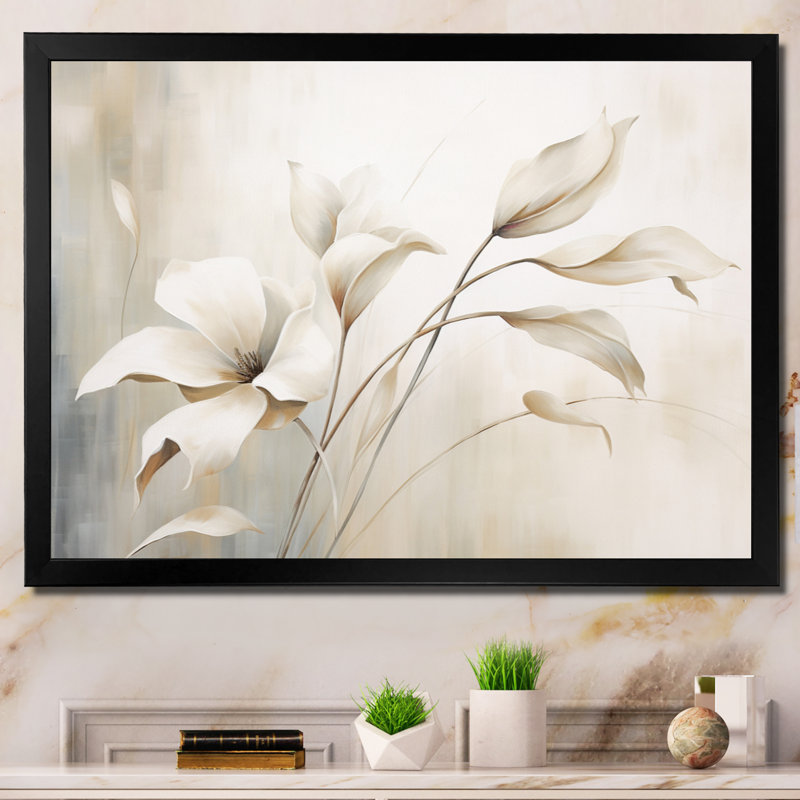 Élégance botanique blanche III - Botanique abstraite, art mural, Cadre simple noir, H 30 po x l 40 po x P 1,5 po