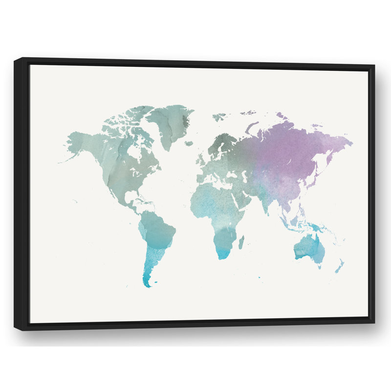 « world map », reproduction de peinture à l’aquarelle sur toile, H 31,75 po x l 41,75 po, Cadre noir