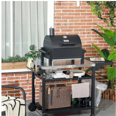 Chariot de barbecue extérieur avec table d'appoint pliable, support de four à pizza multifonctionnel en acier inoxydable de 46 pouces x 21,75 pouces avec trois couches, avec une station de préparation des aliments mobile, noir