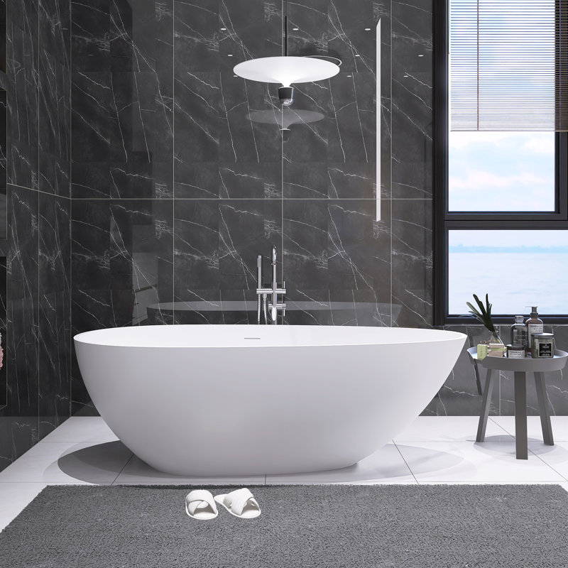 Baignoire de trempage autoportante 59 "avec trop-plein et bonde escamotable 59", Blanc mat