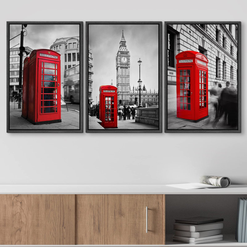 Cabine téléphonique de couleur rouge avec décor mural moderne noir et blanc, H 36 po x l 72 po, Cadre flottant noir